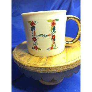 Coffee Mug Cup Letter H Floral Flower Porcelain Opalhouse Gold‎ Handle (box19)